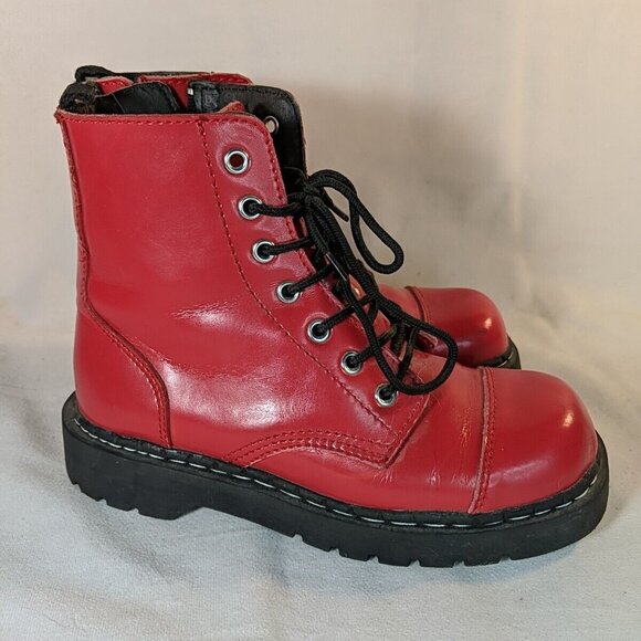 Anarchic by T.U.K. Red Leather Combat Moto Boots Womens 8 Black Hot Topic T2182 - Picture 3 of 13